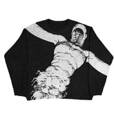 Knitted Abstract Portrait Printed Pullover Sweater